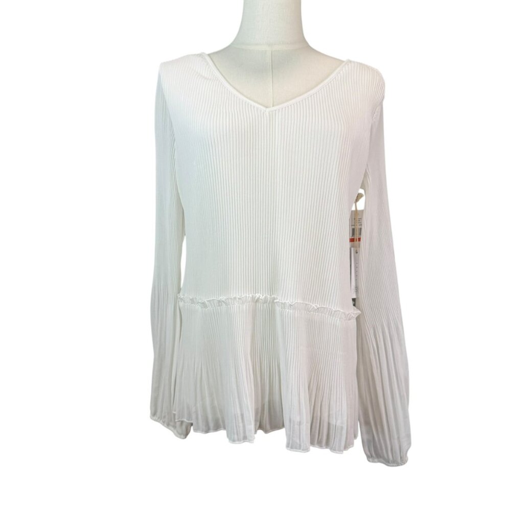 Fever White Pleated Peplum Blouse – Size XS – Romantic & Flowy | NWT